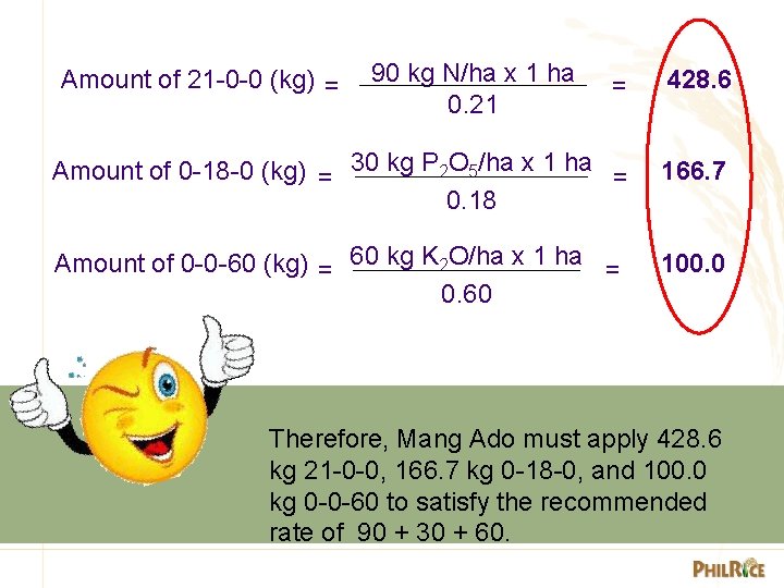 Amount of 21 -0 -0 (kg) = 90 kg N/ha x 1 ha 0.