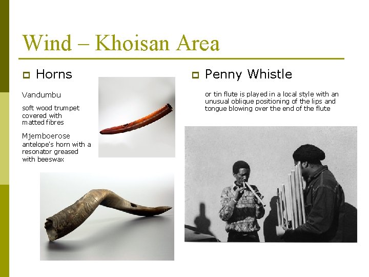 Wind – Khoisan Area p Horns Vandumbu soft wood trumpet covered with matted fibres