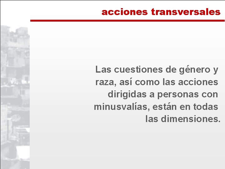 acciones transversales Las cuestiones de género y raza, así como las acciones dirigidas a