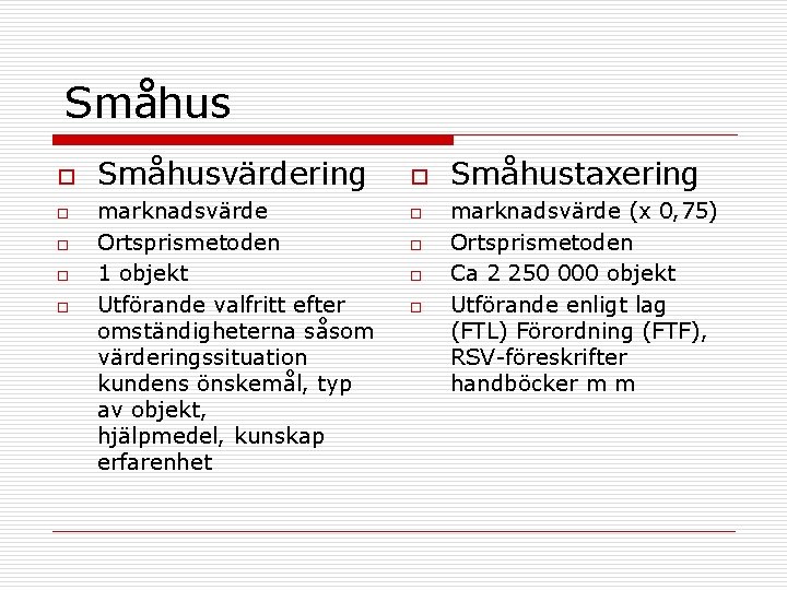 Småhus o o o Småhusvärdering marknadsvärde Ortsprismetoden 1 objekt Utförande valfritt efter omständigheterna såsom