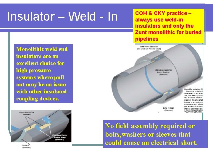 Insulator – Weld - In COH & CKY practice – always use weld-in insulators