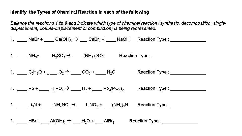 Identify the Types of Chemical Reaction in each of the following Balance the reactions