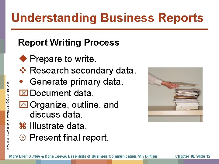 Understanding Business Report Writing Process © 2013 Cengage Learning ● All Rights Reserved u