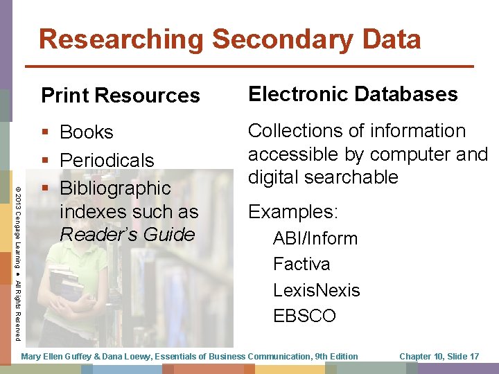 Researching Secondary Data © 2013 Cengage Learning ● All Rights Reserved Print Resources Electronic