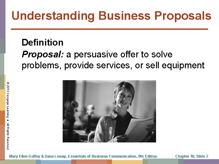 Understanding Business Proposals Definition Proposal: a persuasive offer to solve problems, provide services, or