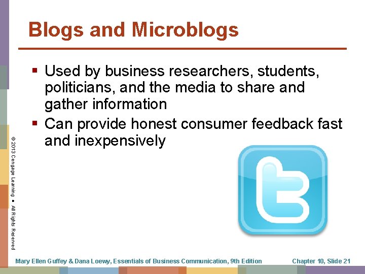Blogs and Microblogs © 2013 Cengage Learning ● All Rights Reserved § Used by