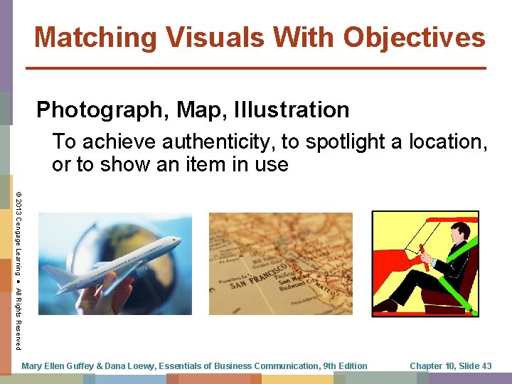 Matching Visuals With Objectives Photograph, Map, Illustration To achieve authenticity, to spotlight a location,