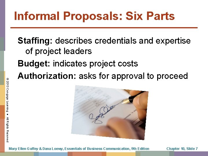 Informal Proposals: Six Parts © 2013 Cengage Learning ● All Rights Reserved Staffing: describes