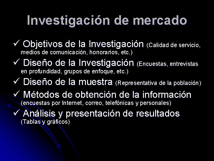 Investigación de mercado Objetivos de la Investigación (Calidad de servicio, medios de comunicación, honorarios,