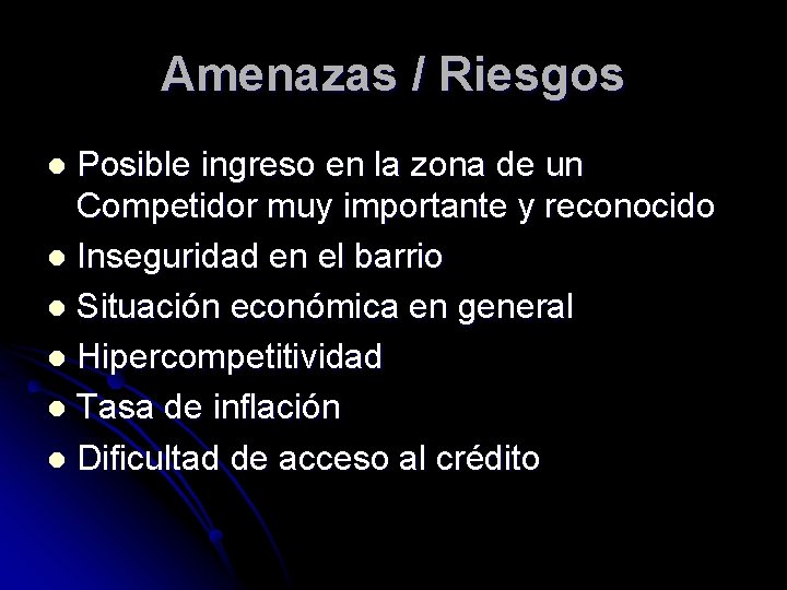 Amenazas / Riesgos Posible ingreso en la zona de un Competidor muy importante y