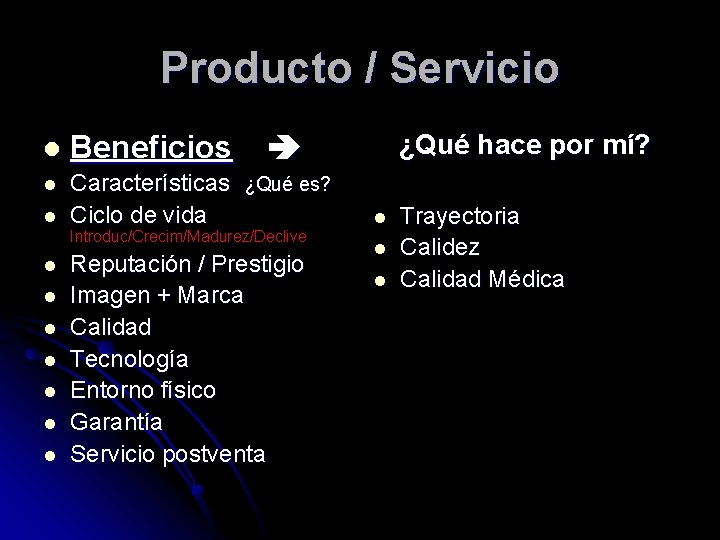 Producto / Servicio l Beneficios l Características ¿Qué es? Ciclo de vida l l