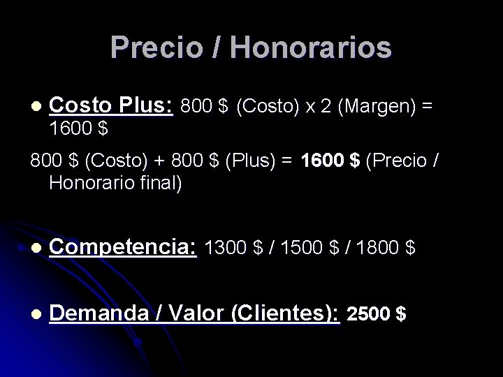 Precio / Honorarios l Costo Plus: 800 $ (Costo) x 2 (Margen) = 1600