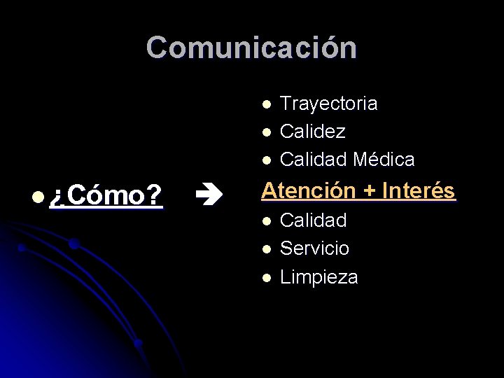 Comunicación l l ¿Cómo? Trayectoria Calidez Calidad Médica Atención + Interés l l l