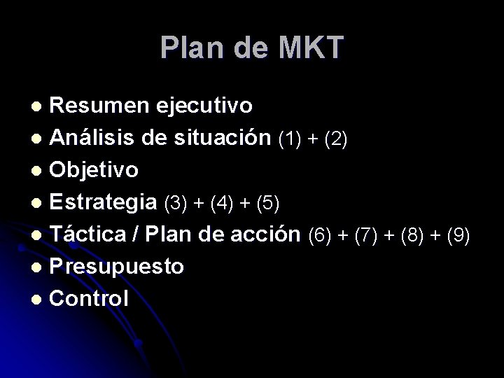 Plan de MKT Resumen ejecutivo l Análisis de situación (1) + (2) l Objetivo