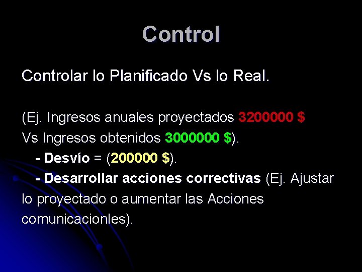 Controlar lo Planificado Vs lo Real. (Ej. Ingresos anuales proyectados 3200000 $ Vs Ingresos