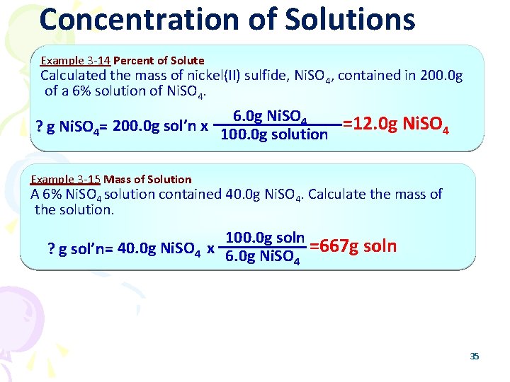 Concentration of Solutions Example 3 -14 Percent of Solute Calculated the mass of nickel(II)