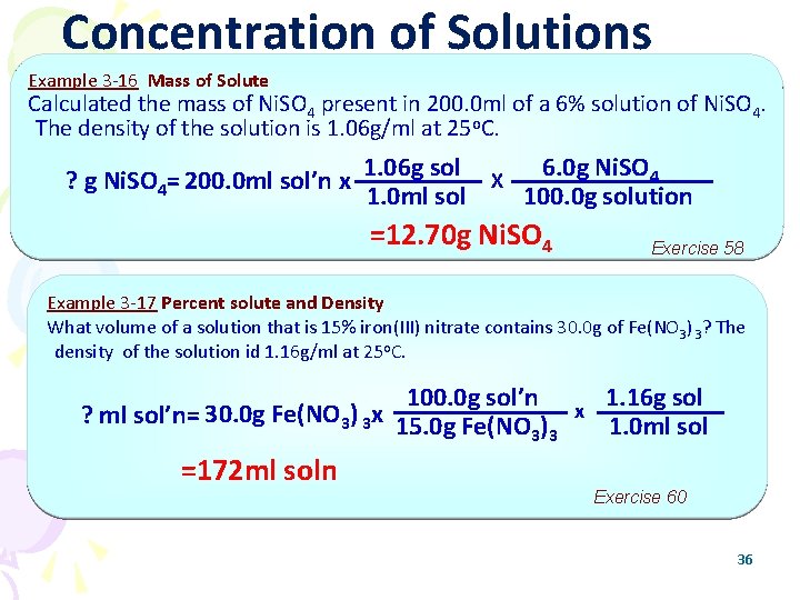 Concentration of Solutions Example 3 -16 Mass of Solute Calculated the mass of Ni.