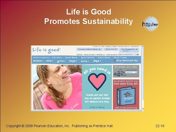 Life is Good Promotes Sustainability Copyright © 2009 Pearson Education, Inc. Publishing as Prentice
