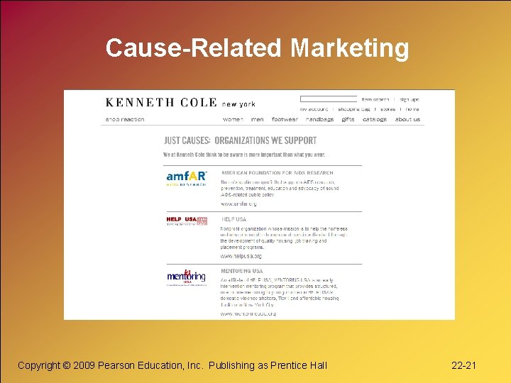 Cause-Related Marketing Copyright © 2009 Pearson Education, Inc. Publishing as Prentice Hall 22 -21