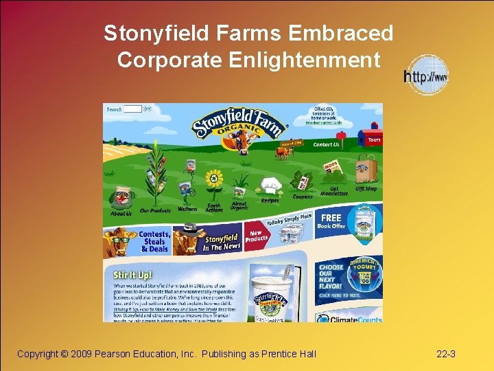 Stonyfield Farms Embraced Corporate Enlightenment Copyright © 2009 Pearson Education, Inc. Publishing as Prentice