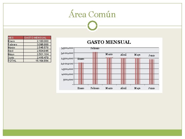 Área Común MES Enero Febrero Marzo Abril Mayo Junio TOTAL GASTO MENSUAL 2. 100.
