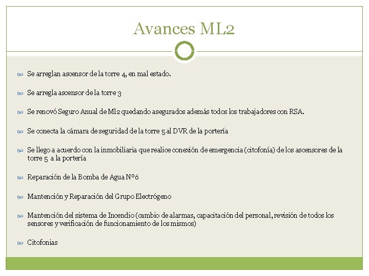 Avances ML 2 Se arreglan ascensor de la torre 4, en mal estado. Se