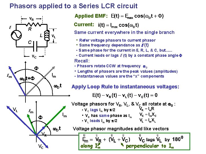 Phasors applied to a Series LCR circuit Applied EMF: v. R E Current: R