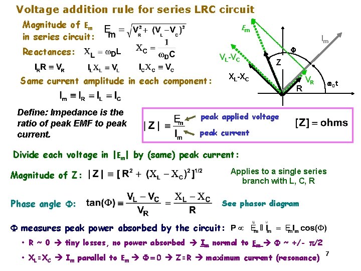 Voltage addition rule for series LRC circuit Magnitude of Em in series circuit: Em