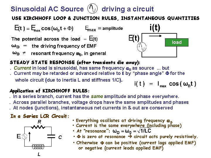 Sinusoidal AC Source driving a circuit USE KIRCHHOFF LOOP & JUNCTION RULES, INSTANTANEOUS QUANTITIES