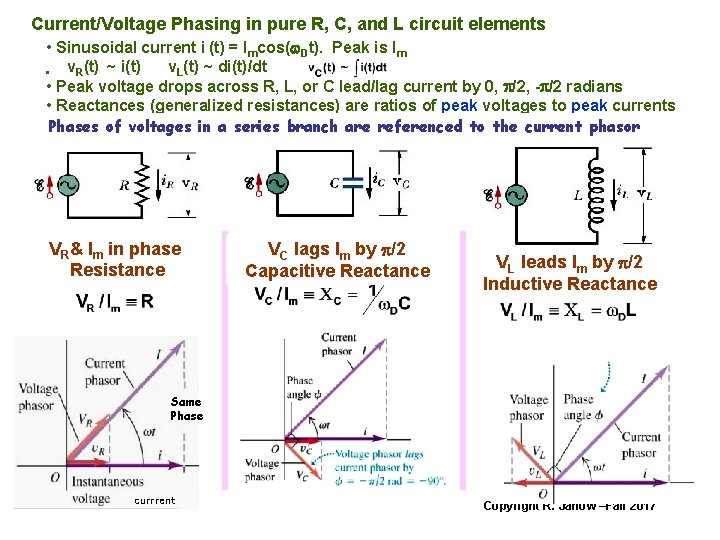 Current/Voltage Phasing in pure R, C, and L circuit elements • Sinusoidal current i