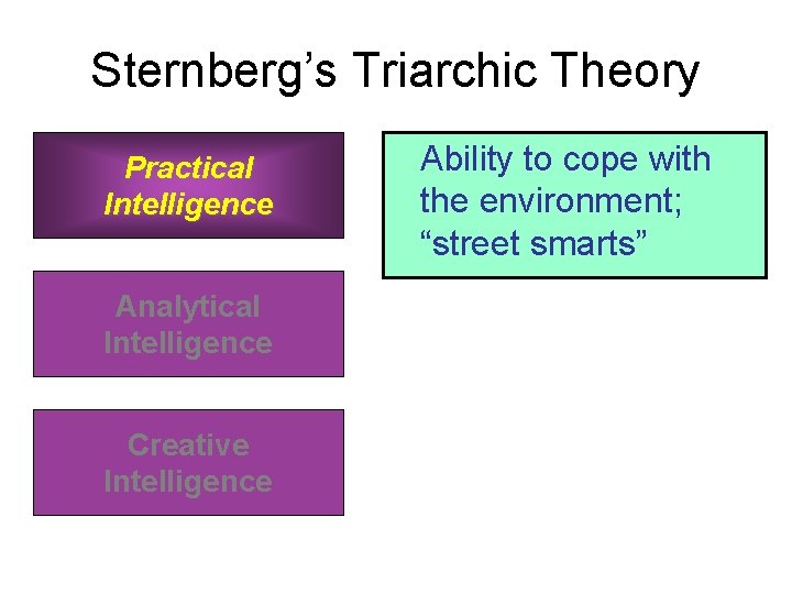 Sternberg’s Triarchic Theory Practical Intelligence Analytical Intelligence Creative Intelligence Ability to cope with the Sternberg’s Triarchic Theory Practical Intelligence Analytical Intelligence Creative Intelligence Ability to cope with the