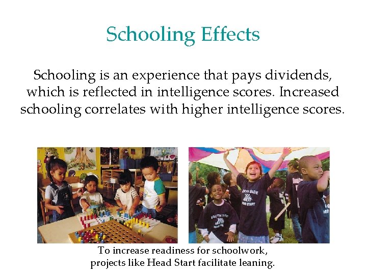 Schooling Effects Schooling is an experience that pays dividends, which is reflected in intelligence Schooling Effects Schooling is an experience that pays dividends, which is reflected in intelligence