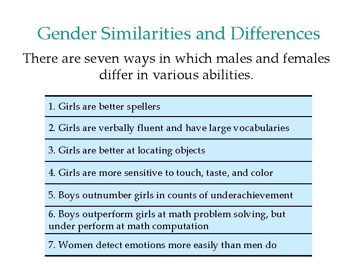 Gender Similarities and Differences There are seven ways in which males and females differ Gender Similarities and Differences There are seven ways in which males and females differ