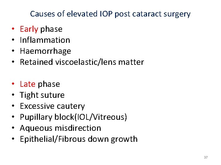 Causes of elevated IOP post cataract surgery • • Early phase Inflammation Haemorrhage Retained Causes of elevated IOP post cataract surgery • • Early phase Inflammation Haemorrhage Retained
