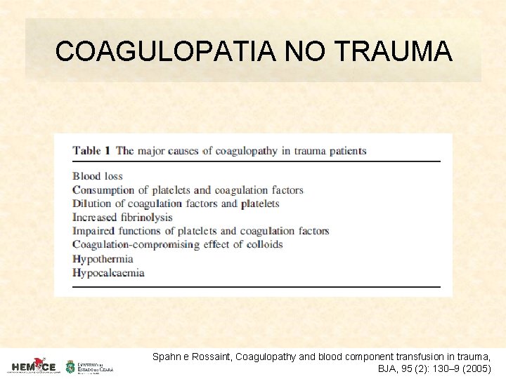 COAGULOPATIA NO TRAUMA Spahn e Rossaint, Coagulopathy and blood component transfusion in trauma, BJA,