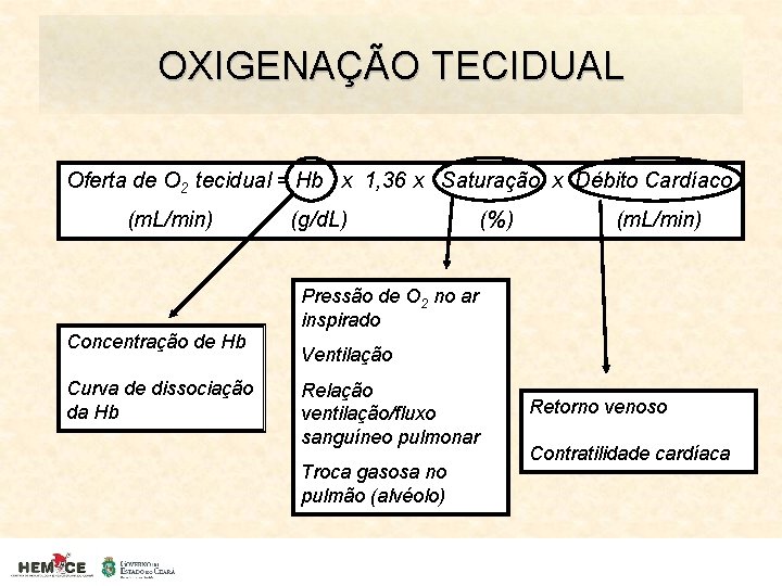 OXIGENAÇÃO TECIDUAL Oferta de O 2 tecidual = Hb x 1, 36 x Saturação