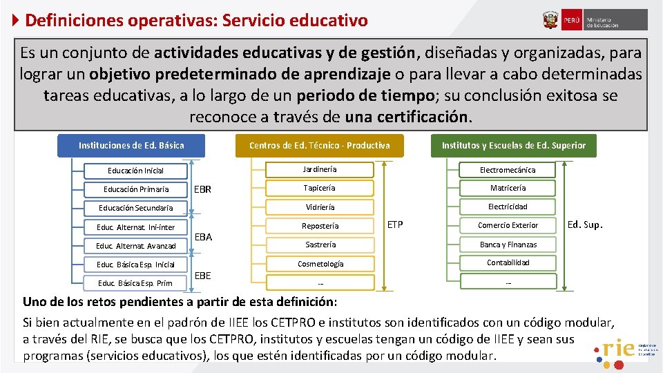  Definiciones operativas: Servicio educativo Es un conjunto de actividades educativas y de gestión,