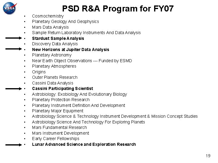 PSD R&A Program for FY 07 • • • • • • Cosmochemistry Planetary