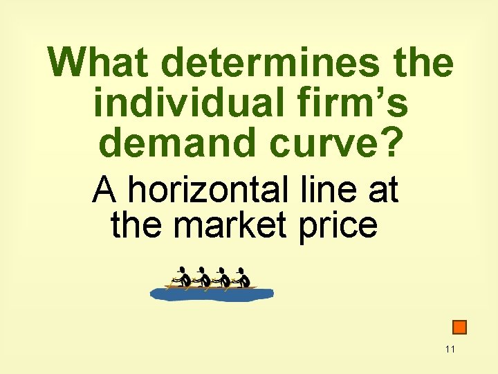What determines the individual firm’s demand curve? A horizontal line at the market price