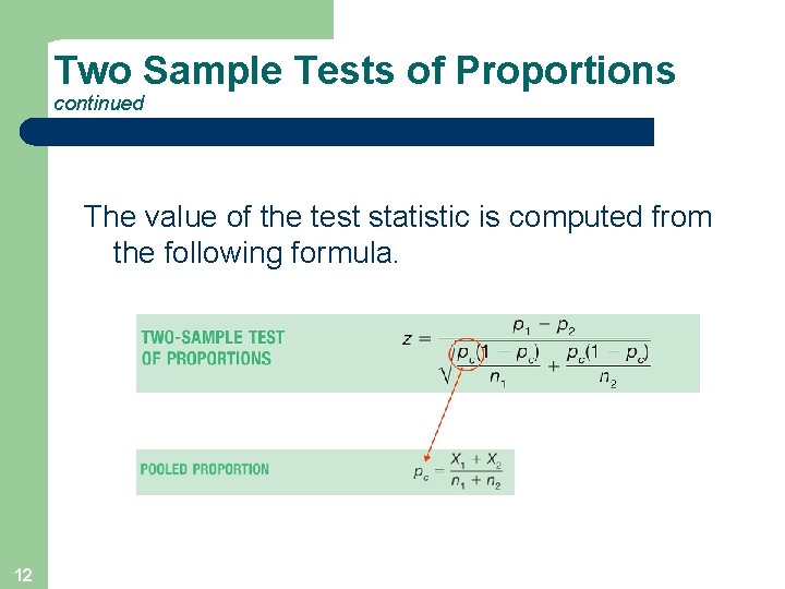 Two Sample Tests of Proportions continued The value of the test statistic is computed