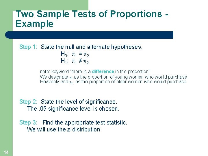 Two Sample Tests of Proportions Example Step 1: State the null and alternate hypotheses.