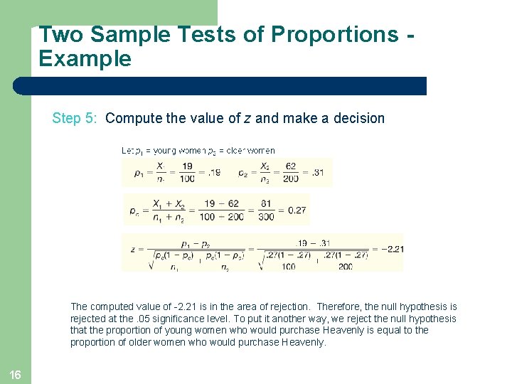 Two Sample Tests of Proportions Example Step 5: Compute the value of z and