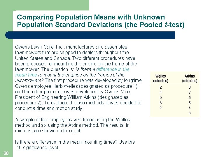 Comparing Population Means with Unknown Population Standard Deviations (the Pooled t-test) Owens Lawn Care,