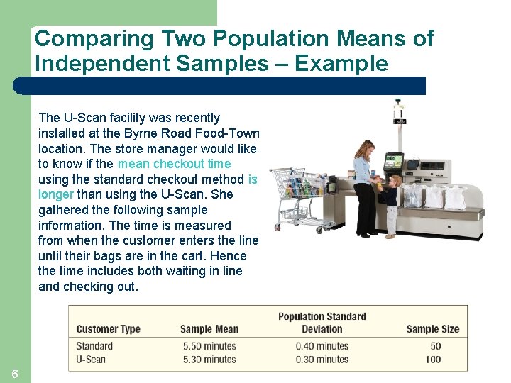 Comparing Two Population Means of Independent Samples – Example The U-Scan facility was recently