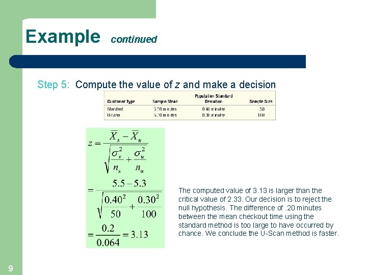 Example continued Step 5: Compute the value of z and make a decision The