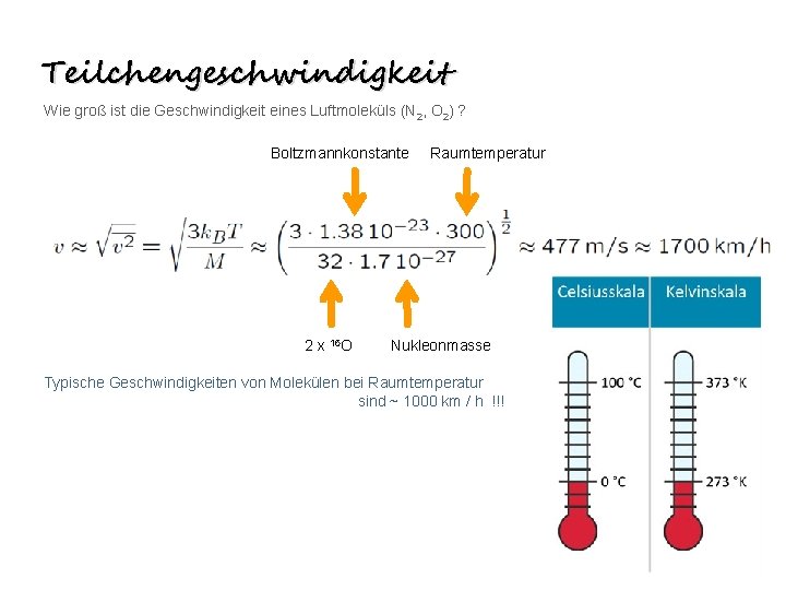 Teilchengeschwindigkeit Wie groß ist die Geschwindigkeit eines Luftmoleküls (N 2, O 2) ? Boltzmannkonstante