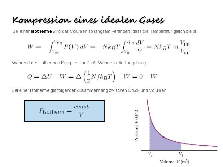 Kompression eines idealen Gases Bei einer Isotherme wird das Volumen so langsam verändert, dass