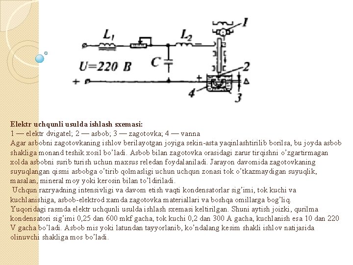 Elektr uchqunli usulda ishlash sxemasi: 1 — elektr dvigatel; 2 — asbob; 3 —