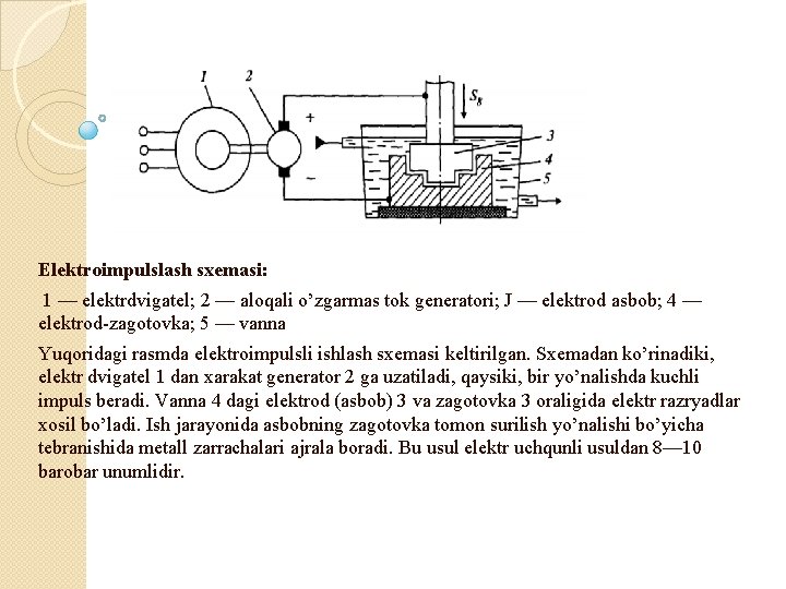 Elektroimpulslash sxemasi: 1 — elektrdvigatel; 2 — aloqali o’zgarmas tok generatori; J — elektrod