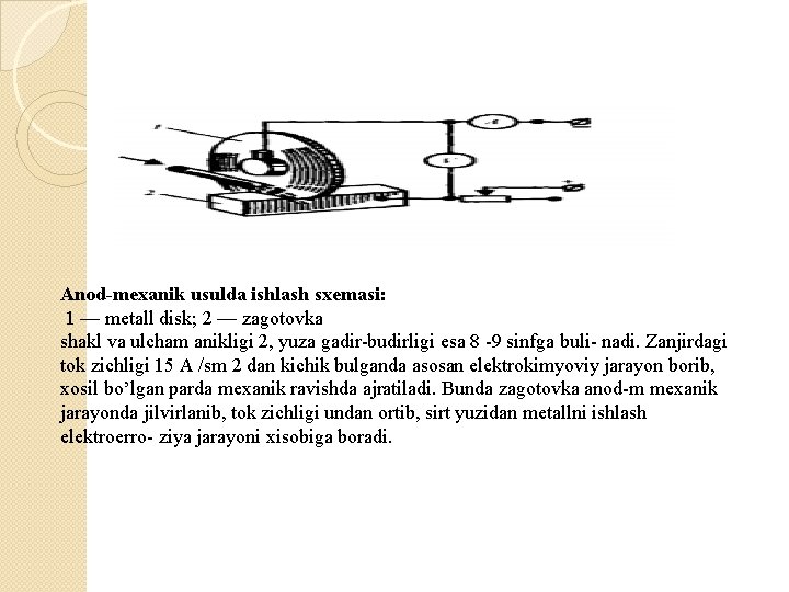 Anod-mexanik usulda ishlash sxemasi: 1 — metall disk; 2 — zagotovka shakl va ulcham